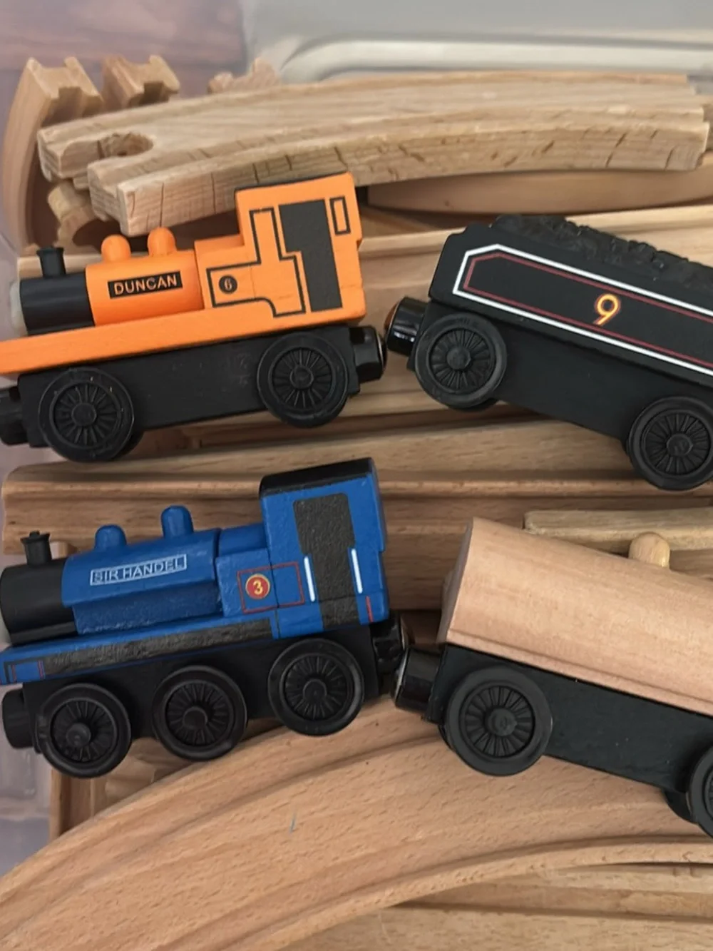 60-pc wooden train tracks & 7- pc wooden freight train set bundle